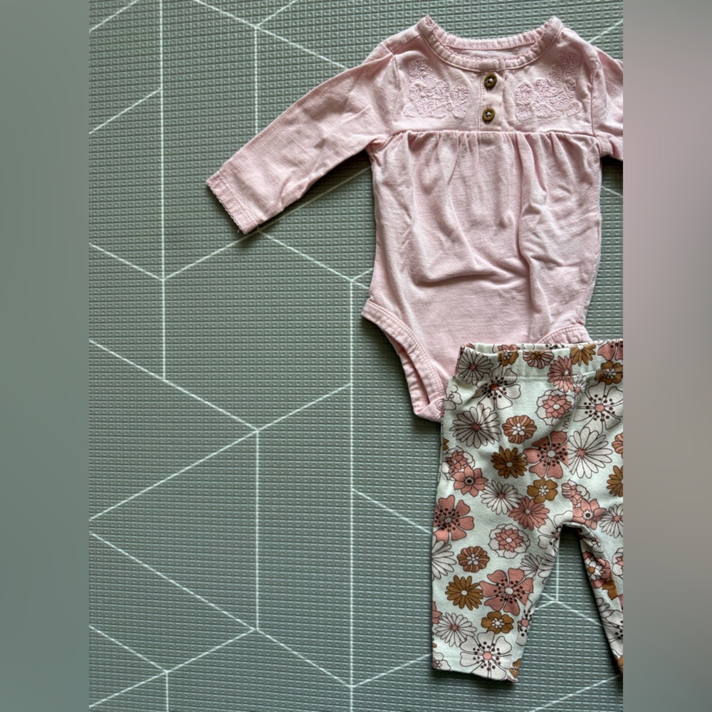 Carters|Baby girl cute set,Pink Long Sleeve lace  Bodysuit w Floral Pants••3M